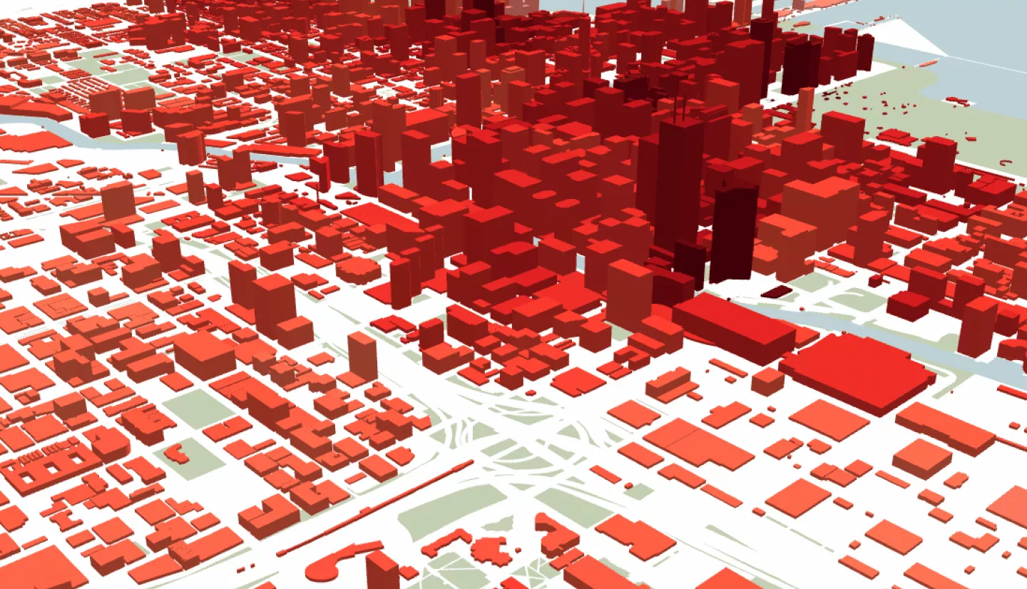 Illustration of refining the climate data to communities where it matters. This animation shows our climate downscaled data using machine learning algorithms at 250 m resolution. Our e-JUST framework will use such 3-D representation of urban communities. 