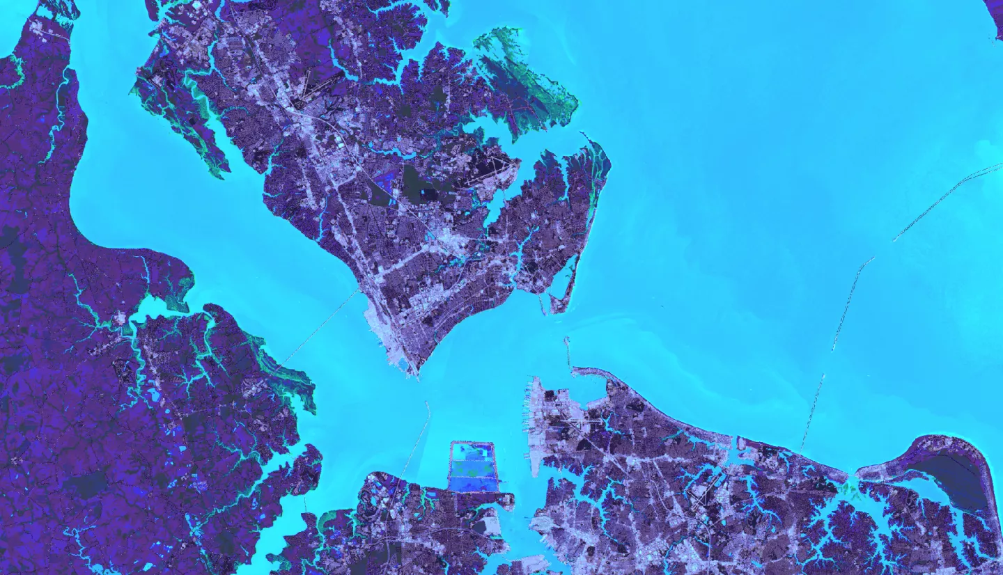 Processed imagery from Landsat 8 OLI/TIRS from summer 2023, overlaid with 2019 data from the National Landcover Database. Teal polygons show woody and emergent wetlands; light purple visualizes relative percent impervious cover – which are barriers to wetland migration. Overlay highlights the interactions between natural processes and human activities shaping future wetland extent.