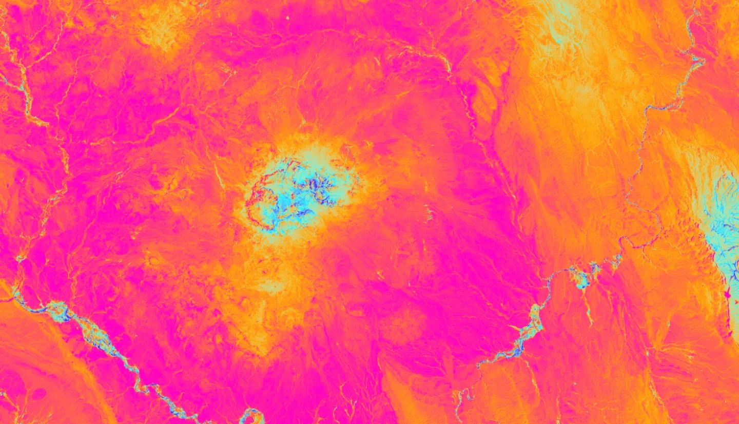 A calculated NDVI processed image from Landsat 8 OLI data collected on September 1st, 2023. Orange tones indicate NDVI values of 0.1 to 0.2, representing grassland and shrubland ecosystems. Precipitation and temperature variables determined ideal green-up timelines to calculate NDVI. The habitat suitability model used NDVI as a variable to determine potential Bufflegrass (Cenchrus ciliaris) location in Big Bend National Park.