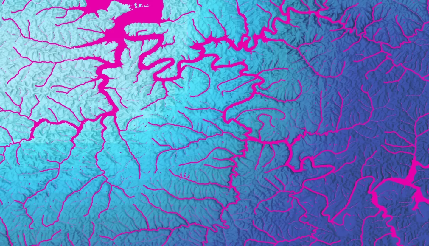 The mean of eight SMAP L4 Surface Soil Moisture images over Eastern Kentucky from July 24, 2022, just prior to a historic flooding event. The focal statistics tool was applied to the SMAP data to achieve a smooth effect. Dark turquoise represents higher soil moisture, while light turquoise represents lower soil moisture. Surface water is shown in pink.