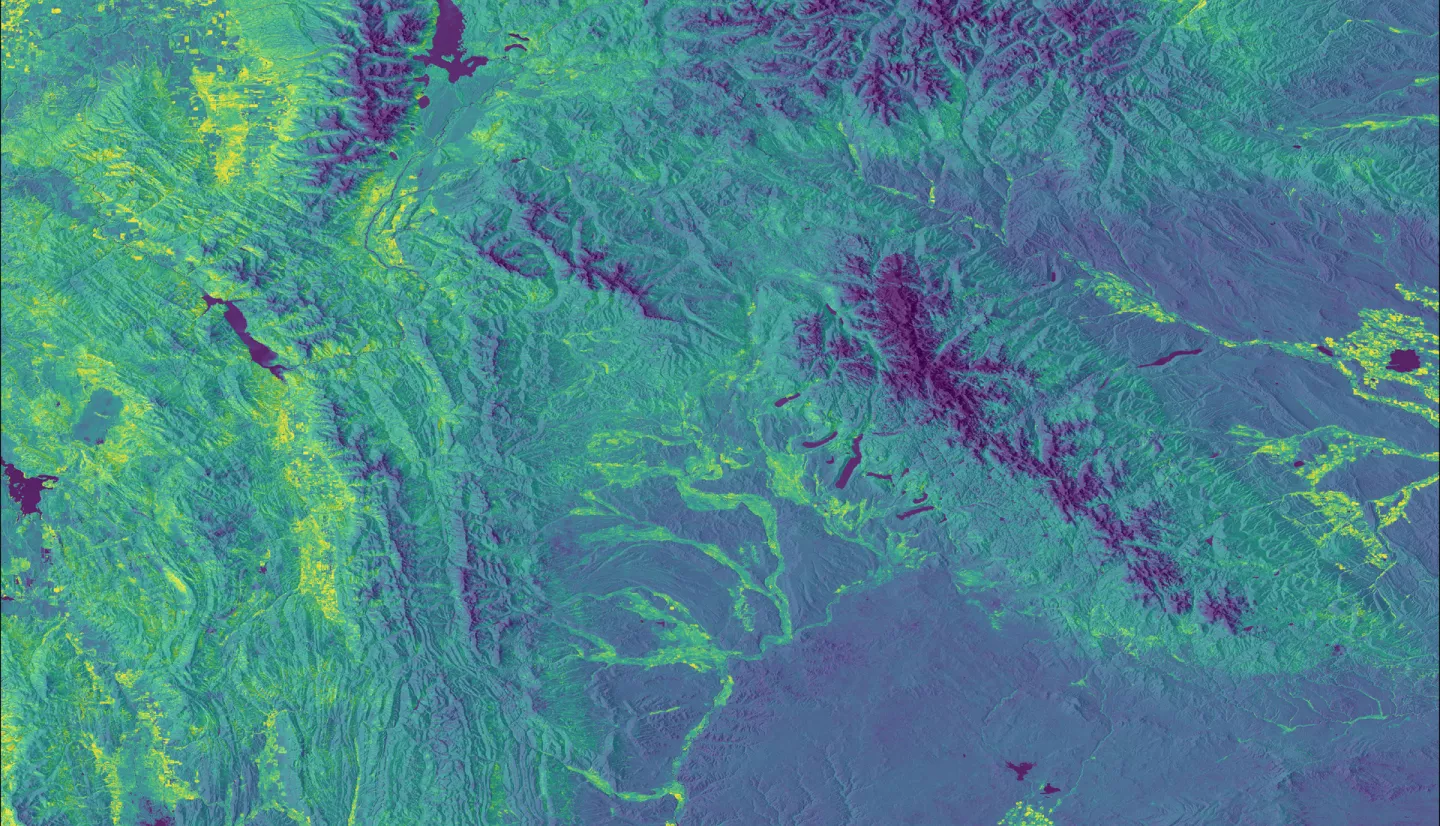 NDVI-processed imagery from Landsat 8 OLI data. This composite image of the Bridger-Teton National Forest and surrounding areas was taken over the Summer of 2023. Shades of yellow and light green indicate health vegetated land surface, while darker blue areas show water and alpine ridges. Areas of lower NDVI are prone to higher fire risk and are therefore of interest to pre-fire management practices.