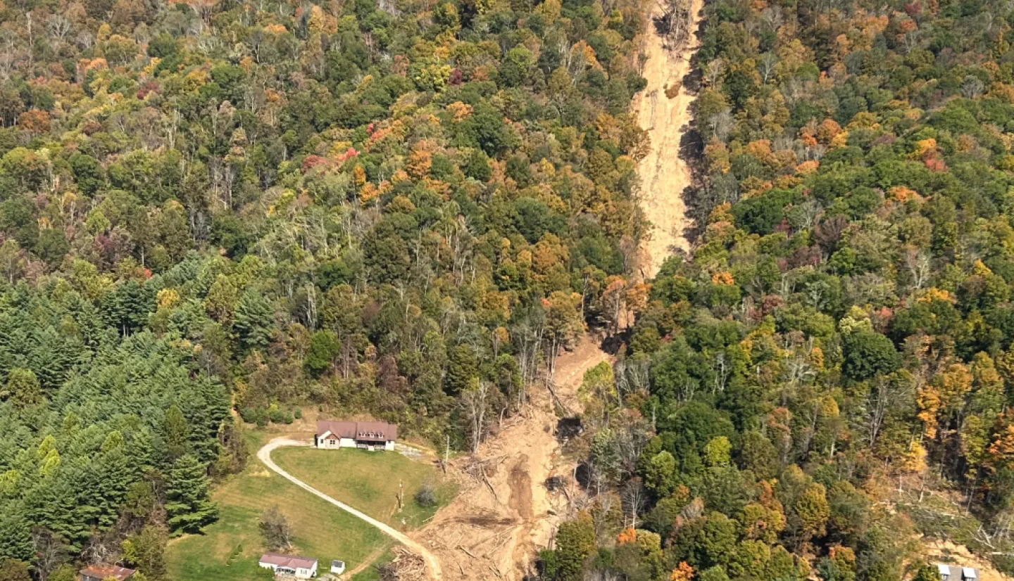 Aerial view of landslides on a mountainside in Vilas, NC. 