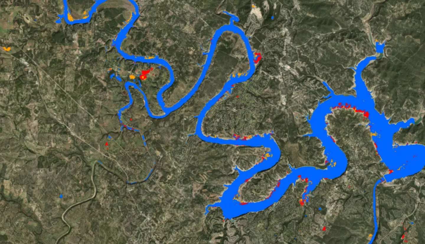 Map of UAVSAR data showing likely flooded regions around Lake Travis, Texas.