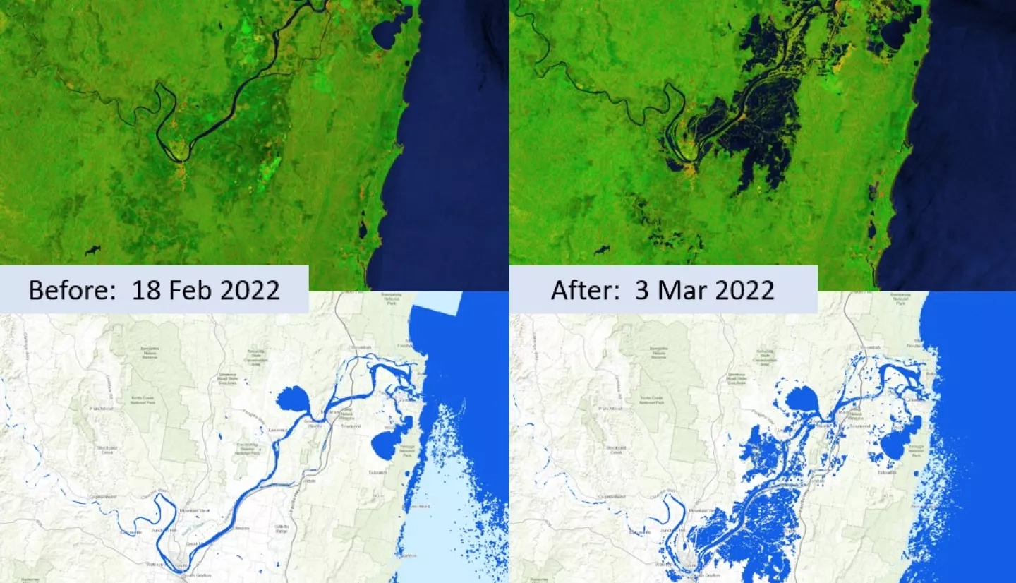 Map imagery, derived from ESA Sentinel-1 satellite observations from Feb. 18, 2022, at 1900 UTC (Local: Feb. 19 0600 AEDT) and March 2, 2022, at 1900 UTC (Local: March 3, 2022, at 0600 AEDT) in eastern Australia, provides two different methods to view before and after floodwater conditions. 