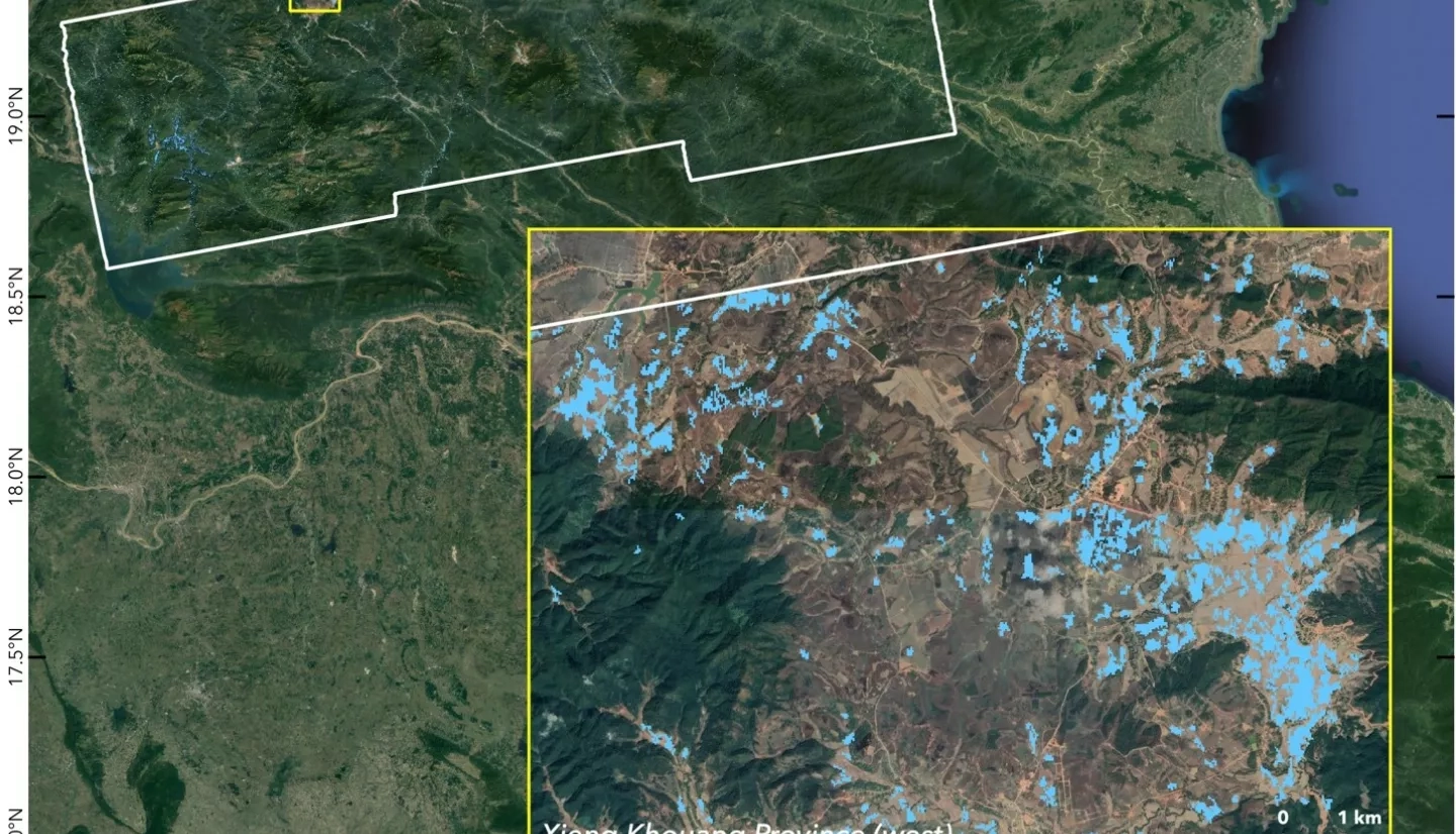 This preliminary Flood Proxy Map (FPM) is derived from SAR data of Copernicus Sentinel-1 mission, operated by ESA, acquired before (June 8) and during (June 14) the flood event. The white polygon indicates the map extents. The light blue pixels of 30 m in size indicate areas likely flooded in Xieng Khouang Province, Laos, due to heavy rains brought by Tropical Storm Koguma. The map may be less reliable over urban and vegetated areas. Credits: the Earth Observatory of Singapore (EOS)/NASA-JPL/Caltech. Contai