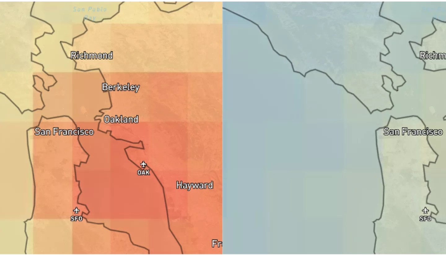 Side by side satellite imagery showing Nitrogen Dioxide levels over a map of San Francisco