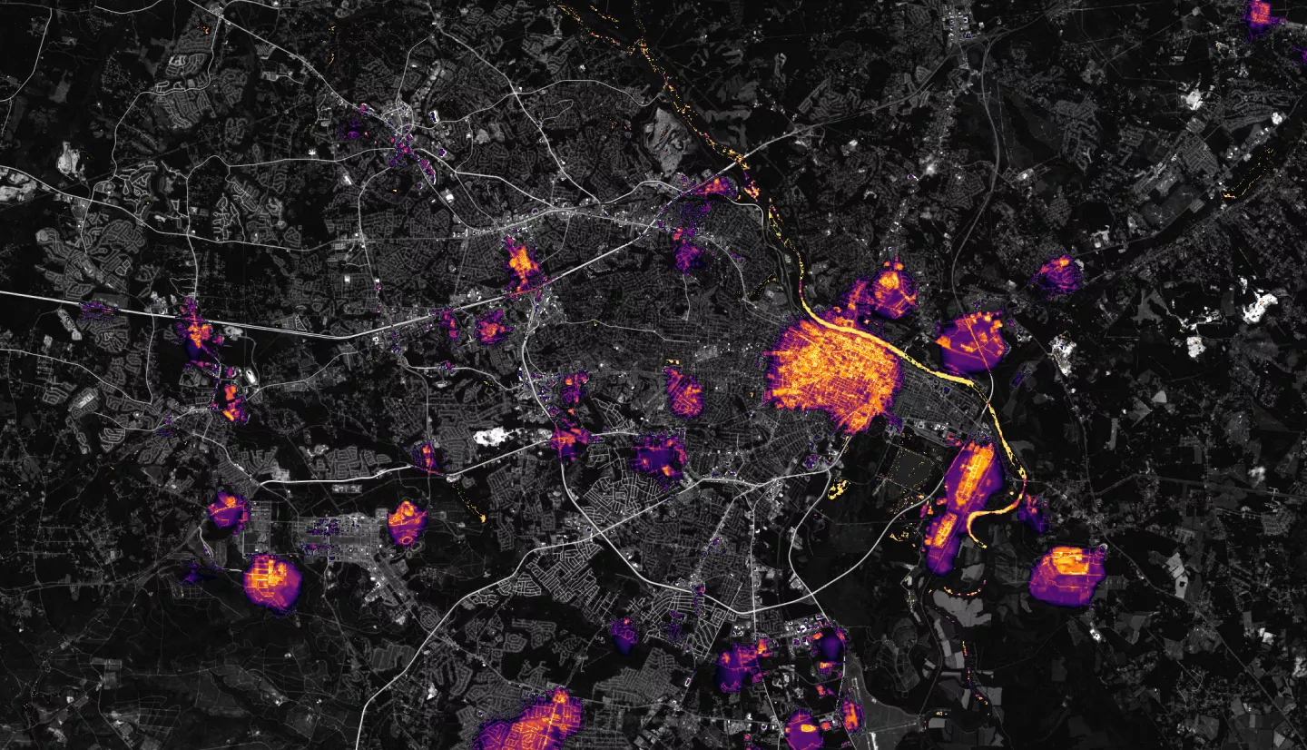 Map of satellite imagery showing nighttime lights in Augusta, Georgia. Many areas of the city are dark due to power outages caused by Hurricane Helene.