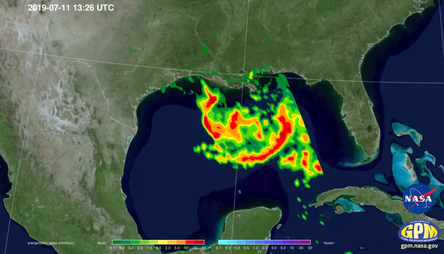 GPM Core Observatory rainfall rates from Tropical Storm Barry captured July 11th, 2019 at 8:26am CT. Credit: Jacob Reed / NASA GSFC