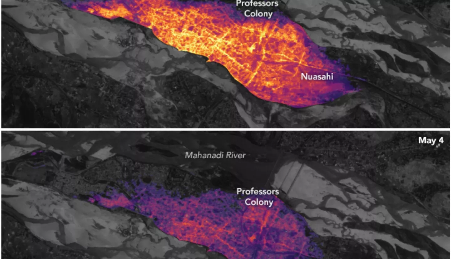 VIIRS Black Marble imagery of nighttime lights in Cuttack India, comparing April 30th and May 4th. Credit: NASA Earth Observatory