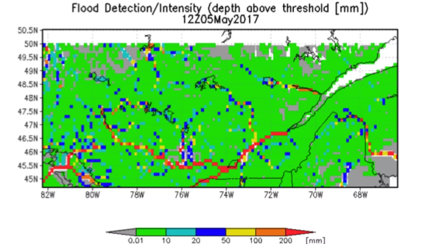 GFMS flood detection / intensity maps for the Quebec region on May 1st, 5th, and 8th 2017.