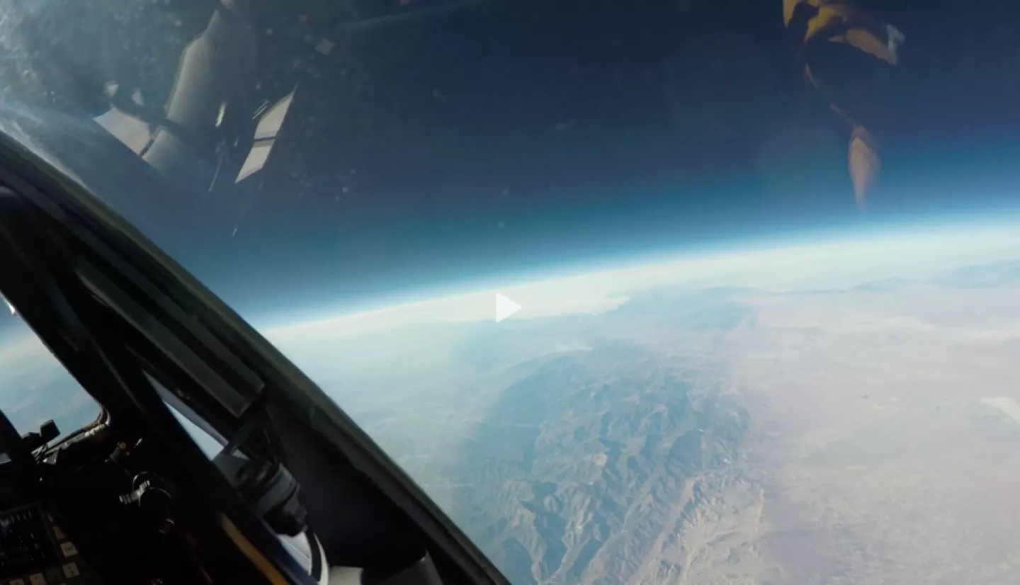 The ER-2’s lone pilot, Tim Williams, can see the curvature of the Earth as he flies the high-altitude airborne science platform over the Southern California wildfires on December 7, 2017. Credits: NASA Image library