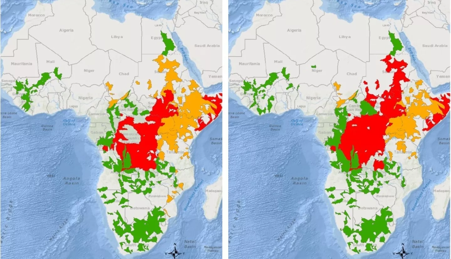 Maps from Glasscoe’s project indicating flood advisory warnings on May 5 and 6, 2020. Red represents flood watches, orange shows warnings, and green shows advisories. 