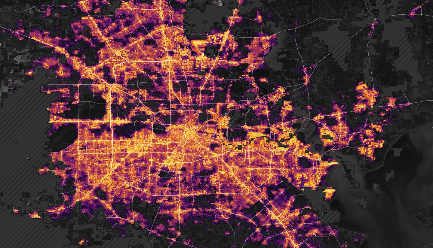 Satellites map of night lights in Houston, Texas on May 18, 2024. 