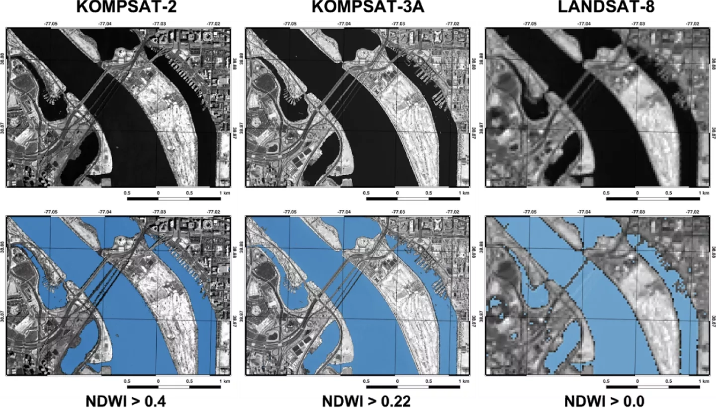 Comparison of KOMPSAT-2 and KOMPSAT-3A water extent maps with Landsat-8 water extent maps, using the normalized water difference index (NDWI). Credit: KOMPSAT-2 © KARI (2007), KOMPSAT-3A © KARI (2019), Landsat-8 image courtesy of the U.S. Geological Survey, NASA GSFC