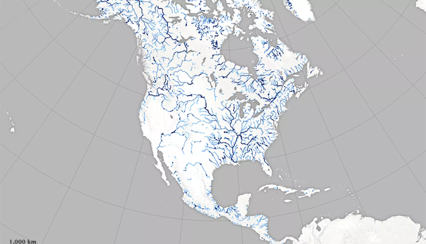 black and white map of North America with blue lines representing rivers running through the contintent