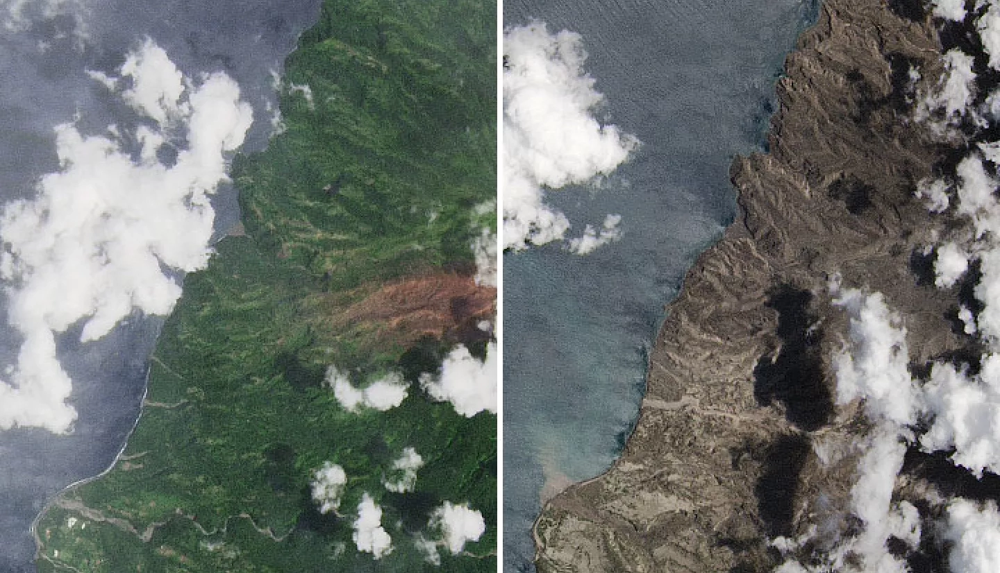 Images acquired by the Operational Land Imager (OLI) on Landsat 8, showing the northwestern part of the island before (March 24, 2021) and after (April 25, 2021) two weeks of powerful eruptions and ashfalls. Credits: NASA Earth Observatory