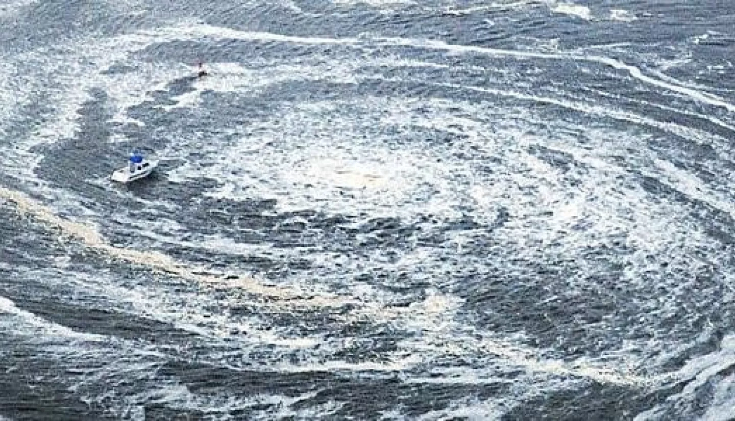 In 2011, the Great Tōhoku Earthquake triggered a series of tsunami waves off the coast of northeast Japan. In a tsunami, interactions between the seafloor and rapid changes in currents can lead to whirlpools such as the one pictured above. Credits: NOAA Center for Tsunami Research