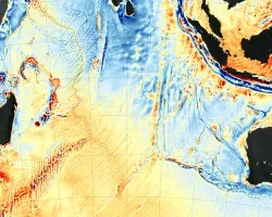 Map of the shape of the seafloor and its gravity field created through computer analysis and modeling of new satellite data from the European Space Agency’s CryoSat-2 and from the NASA-CNES Jason-1