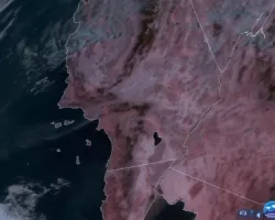 GOES-16 Advanced Baseline Imager (ABI) Fire Temperature product overlaid on the GeoColor product.  The red area is the Saddleridge fire and the white plume blowing out over the Pacific Ocean is smoke. Credit: Kyle Hilburn