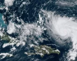 A damage assessment map derived from satellite data shows conditions on one island in the Bahamas on Sept. 2. Red and yellow areas are likely the most damaged. Credit: NASA-JPL, Caltech, Earth Observatory of Singapore.