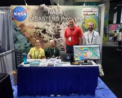 Photo of the Disasters program area booth at the 2019 Esri user conference