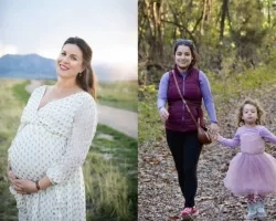 pregnant woman standing in a field and a woman walking with a child on a trail