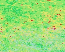 Temperature anomalies for 2020 were derived from Terra MODIS Daily Land Surface Temperature (LST) data and compared to the 20-year average (2000 – 2020) in Maine. Shown is an enlarged subset of Maine. Stream vectors are represented in light blue. Blue pixels represent decreases in LST (cooler temperatures), green pixels represent areas of neutral change (average temperatures), while red and yellow pixels represent increases in LST (the highest temperatures). 