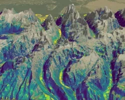 Potential for land cover to change from trees to grass, forb, and herb between 1987 and 2020 in the Teton Mountain Range. Image created from LCMS land cover data which are derived from Landsat 4, 5, 7, and 8 imagery (1987 - 2020). High transition potential is depicted in yellow and low transition potential is indigo. Transition potentials help to forecast land cover and inform land managers on the locations of suitable bighorn sheep habitat.