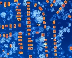 Mean annual solar energy potential per building footprint in kilowatts, created by using MERRA-2 and CERES FlashFlux Earth observations processed by NASA POWER for a 30-year period from 1990 to 2020. Projected over a 3-inch Digital Surface Model of Montgomery County, MD. Brighter colors represent higher areas of solar potential while darker colors visualize less exposure to solar irradiance. Building footprints with high solar potential indicate areas where solar panels could be installed to generate high e