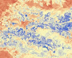 Median daily evapotranspiration (ET) from September 2021 to May 2022 calculated from ISS ECOSTRESS data. The image covers the agricultural fields adjacent to the Maipo River, Chile and depicts water stress. The color scale ranges from red (low ET) to blue (high ET), with higher ET observed over irrigated agricultural fields. ET is used for estimating crop irrigation requirements. This data will inform irrigation management practices and help alleviate water scarcity within the area. ​