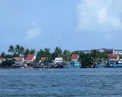 Small building and fishing boats line a palm tree covered riverfront in southern Vietnam