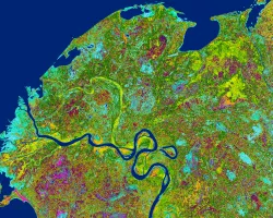 Enhanced Wetland Classification of the Slave River Delta, NWT, Canada using Landsat 8 OLI imagery from June through August 2021.  Most of the colors represent different categories of wetland.  Many of the darker green areas represent areas where wetlands have transitioned to dryer forests or shrubs in recent decades.