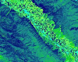 NDVI imagery derived from Landsat 8 OLI data. This imagery showing the California’s Carmel and Salinas Valleys within the surrounding Santa Lucia Mountain range was collected in the Spring of 2019 . Light green areas show the more developed, agriculturally intensive areas of the valley while the dark blue areas show the less developed hills. NDVI calculations were used in models of forest cover changes in the area over time.