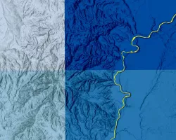 NDTI-processed river imagery from 2021 PlanetScope data with GPM IMERG data shown in blue. The Shoshone River in northwestern Wyoming is shown with red values indicating lower turbidity and yellow values representing higher turbidity. Lighter blue values indicate higher monthly mean IMERG precipitation values for 2021. NDTI values and precipitation averages help watershed managers understand where and when excess sediment enters the river.​