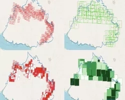 four images showing different satellite data collections of same fire