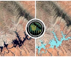 Side-by-side image of Lake Powell with ARSET Logo