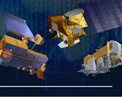 artists' renderings of three gold and gray colored satellites on a blue background with columns of zeros and ones as a reference to binary code