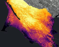 Evaporative Stress Index (ESI) processed imagery from ECOSTRESS data, captured on October 4, 2021, for Marin County in the San Francisco Bay Area. Darker regions have a higher ESI value, signifying moister conditions, while lighter regions are drier. Vegetative moisture has a significant impact on fire severity and understanding localized moisture conditions can inform the county’s fire suppression efforts. Land outside of Marin County shows NDVI processed imagery derived from Sentinal-2A data.