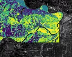 The InVEST urban flood model produces various outputs, like the runoff retention seen here. The model output was derived from GPM IMERG, land cover, soil type, and curve number data. This image is from the extreme rainfall storm event on August 22, 2017. This image shows where the runoff is being retained in Kansas City, KA. The dark purple represents extremely high runoff retention while the yellow represents low retention with the green and blue representing increasing amounts of retention. The background