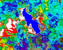 Aerosol Optical Depth for a dust event on July 26th-27th, 2021, calculated with the MAIAC algorithm from Terra and Aqua MODIS satellite data. Great Salt Lake surface area, in blue, was derived from JRC Yearly Water Classification History and processed imagery from Landsat 5, 7, and 8. The map depicts regions that are most impacted by dust surrounding the Great Salt Lake. Red and Yellow represent high dust levels within Northern Utah. 