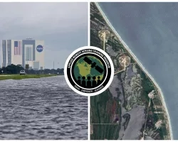 Side by side photos of flooded Kennedy Space Center, one on the ground and one from space