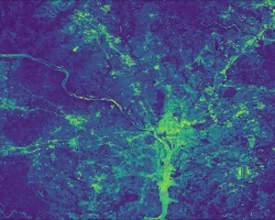 NDVI-processed imagery from Landsat 8 OLI/TIRS data. This composite image of Washington, D.C., and the surrounding area representing max green values over the summer months of 2022. Blue shades in the image represent vegetated areas, while green and yellow shades represent water and areas with no vegetation. Plant cover has a major impact on water quality, making it crucial for the National Park Service to understand the state of vegetation in this region. 