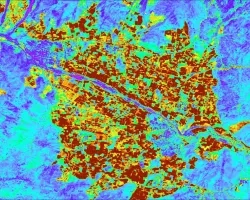 Processed bands displaying NDVI from 30m Landsat 8 OLI data. The average 2022-2023 growing-season NDVI displayed is representing a heavy agriculture region within the Aconcagua River Basin in Central Chile. Blue to green colors represent areas of bare ground or water while yellow to dark red colors display densely vegetated regions. NDVI when compared to hydrology parameters can indicate heavily irrigated farmlands.  