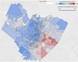 Austin Multi-hazard Risk Index (flood + wildfire + heat + social vulnerability). The multi-hazard index previously computed utilized non-remote sensing, City-based data.  An objective of the current project is to produce a similar index integrating remote sensing and socio-economic data. The current index shows there are clear spatial patterns with higher multi-hazard risk located in environmental justice communities in Austin. 