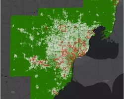 Map of SEMCOG study area showing regions identified by SEMCOG as areas of persistent poverty, overlaid on a map of percent impervious surface for the seven county region.