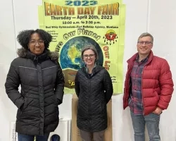 On April 20, 2023, Gasmine Myers, Julie Silva, and Sergii Skakun participated in the Fort Belknap Indian Community’s Annual Earth Day Fair in Harlem, Montana. The event was organized by the Fort Belknap Environmental Protection Department and over 200 students in Grades 4-6 attended the event. Gasmine, Julie, and Sergii ran an educational activity —adapted from an issue of NASA’s EOKids—titled ‘Watching Wildfires from Space’ that demonstrated how wildfires are monitored using satellites and Earth observatio