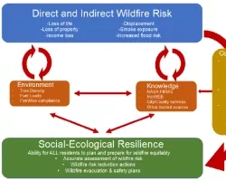 Conceptual Diagram. Western communities are increasingly impacted by direct and indirect risks stemming from wildfire. Recovery from wildfire can spur resilience in the social-ecological system when risk reduction information is communicated widely, accurately, and equitably, enhancing knowledge regarding wildfire risk and prevention. This knowledge can inform actions that improve environmental resilience to future wildfire, enhancing socialecological resilience of the system, and reducing direct and indire