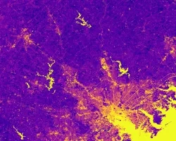 NDVI-processed imagery from Landsat 8 OLI data. This image of Baltimore and surrounding cities is a composite of Summer 2013 to 2023. Shades of purple indicate vegetated land surface, while darker orange shades show the built landscape; meanwhile, shades of yellow indicate water bodies. Areas of low NDVI are at-risk of high temperatures and is an indicator for Maryland’s transit system to focus on communities most vulnerable of urban heat island impacts. 