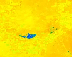  MNDWI-processed imagery from Landsat 8 OLI. This composite image of Mud Lake Wildlife Management Area and Camas National Wildlife Refuge in Southeast Idaho was taken over April and May, 2018. Higher values, blue and dark green shades, indicate surface water. Lower values, red and orange shades, indicate bare ground or senesced vegetation. Yellow and light green indicate living vegetation, such as irrigated crops. Areas with high MNDWI values can help identify wetlands' surface water.