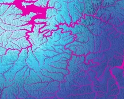 The mean of eight SMAP L4 Surface Soil Moisture images over Eastern Kentucky from July 24, 2022, just prior to a historic flooding event. The focal statistics tool was applied to the SMAP data to achieve a smooth effect. Dark turquoise represents higher soil moisture, while light turquoise represents lower soil moisture. Surface water is shown in pink.